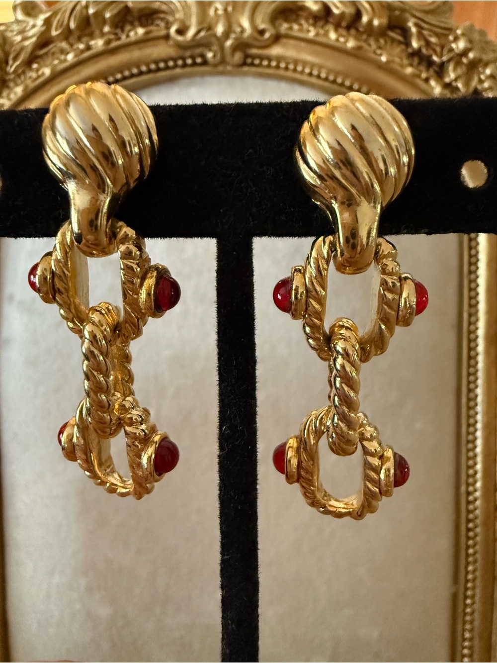 Gem Craft On Card Gold-Tone Rope Link Drop Earrings with Red Cabochons